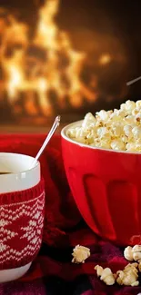 Cozy scene with fireplace, popcorn, and coffee mug.