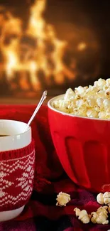 Cozy scene with a fireplace, red mug, and popcorn in a red bowl.
