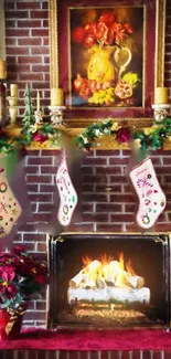 Cozy Christmas fireplace with stockings and holiday decor.