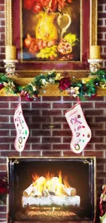 Cozy Christmas fireplace with stockings and festive decor.