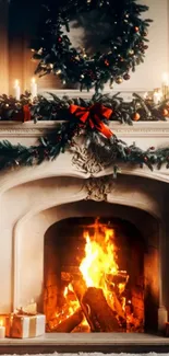 Festive Christmas fireplace with wreath and candles.