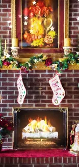 Cozy holiday fireplace with stockings and festive decorations.