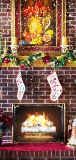 Cozy fireplace with Christmas stockings and festive decor.