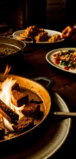 Cozy dinner scene with fireplace glow.