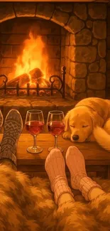 Warm and cozy fireplace with resting dog and wine.