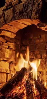 Cozy fireplace with glowing logs and rustic stone background.
