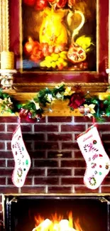 Cozy brick fireplace with Christmas stockings and decorated mantel.