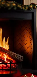 Cozy holiday fireplace with garland and warm fire.