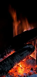 Crackling fireplace with glowing orange embers.