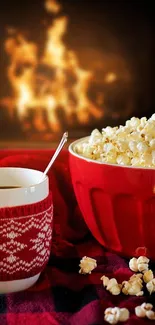 Cozy scene with popcorn and steaming coffee by the fireplace.