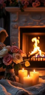 Cozy fireplace with glowing candles and a bouquet of roses.