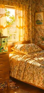 A cozy bedroom with floral decor and golden sunlight.