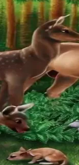 Peaceful woodland scene with deer amid lush greenery.