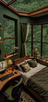 Bedroom with forest view and cozy interior design.