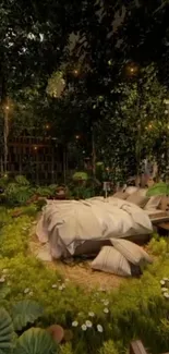 Cozy forest bedroom with lush greenery.