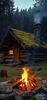 Cabin in the forest with campfire.