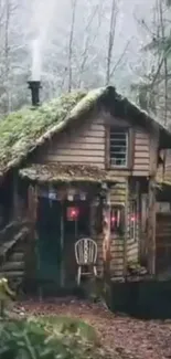 Cozy cabin in a forest with a mossy roof and chimney smoke.