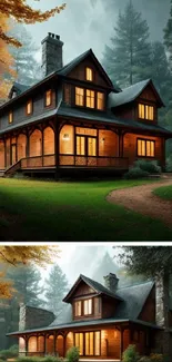 Charming wooden cabin surrounded by forest trees, exuding a serene, rustic ambiance.