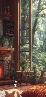 Cozy forest cabin with fireplace and sunlight filtering through trees.