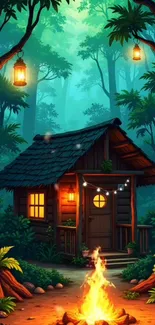 Cozy forest cabin with campfire and lanterns in the night.