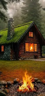 Cozy log cabin in forest with firepit and lush trees.