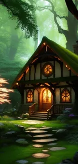 Charming forest cottage in lush green landscape, perfect for serene mobile wallpaper.