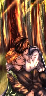 Emotive illustration of a heartfelt embrace in a vibrant forest.