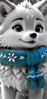 Adorable fox with blue scarf in a winter scene, perfect for mobile wallpaper.