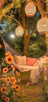 A cozy garden hammock with glowing lanterns at night surrounded by sunflowers.