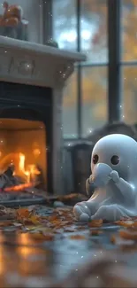 Cute ghost sipping tea by the fireplace.