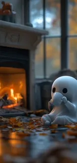 Cute ghost enjoying tea by a fireplace, surrounded by autumn leaves.