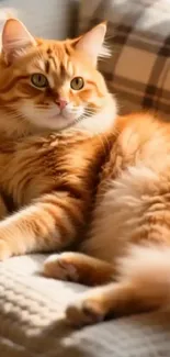 Cozy ginger cat lying on a plaid couch.
