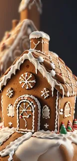 Charming gingerbread house with candy accents in a festive, snowy setting.