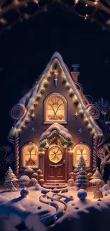 Cozy gingerbread house in snowy winter scene with warm festive lights.