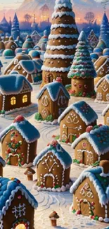 Charming gingerbread village with snowy rooftops and festive decorations.