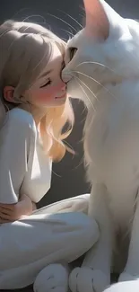 Girl lovingly interacts with a fluffy white cat in digital art style.