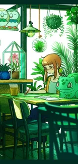 Anime girl reading in cozy green room with plants.