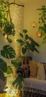 Cozy room with plants and warm lights, perfect mobile wallpaper.