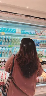 Person browsing dairy section in a cozy store setting.