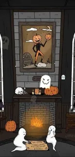 Cozy Halloween ghost room with pumpkins and fireplace.