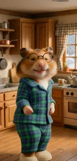 Hamster wearing glasses in cozy kitchen.