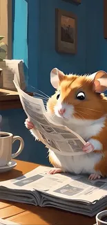 Hamster reading a newspaper with coffee.