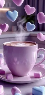 Lavender cup of steaming latte with heart-shaped marshmallows.