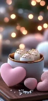 Heart-shaped treats with cozy mug and bokeh lights.