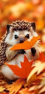 Adorable hedgehog with autumn leaves, perfect for a cozy mobile wallpaper.