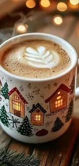 Festive coffee mug with Christmas design on wooden table.