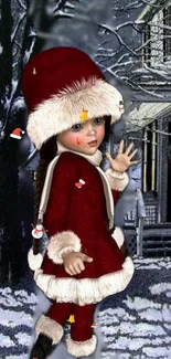 Adorable doll in red holiday outfit with snowy background.