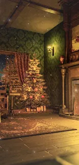 Warm and cozy holiday room with fireplace and Christmas tree.