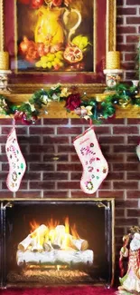 Holiday fireplace with stockings and garland.