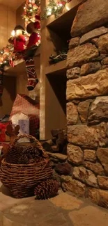 Holiday fireplace with decorations and gifts.